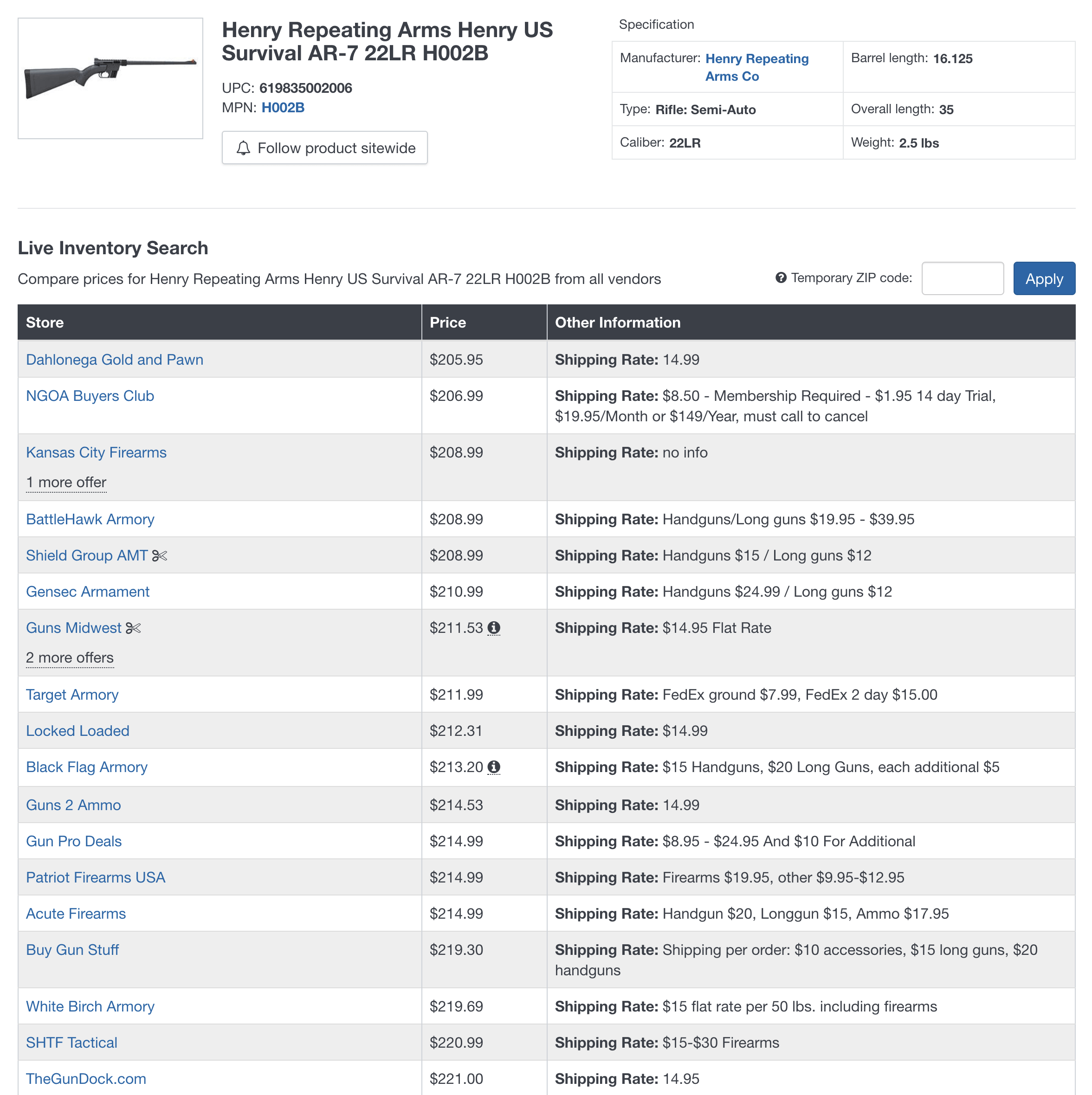 Price compare table example