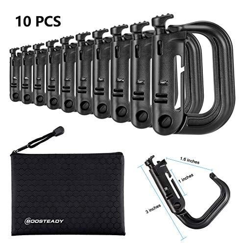 BOOSTEADY 10 Pack Multipurpose D-Ring Grimlock Locking for Molle Webbing  with Zippered Pouch Black