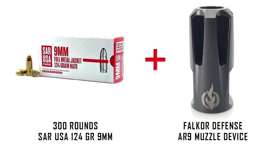 300 Rounds SAR USA 9mm NATO 124 Grain FMJ with Falkor Defense AR-9 Muzzle Device - $138.50