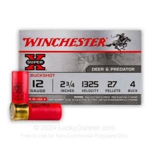 Winchester Ammo Super-X 12 Gauge 2-3/4" Buffered #4 Buckshot 27 Pellets 1325 fps 250 Rd./ Case