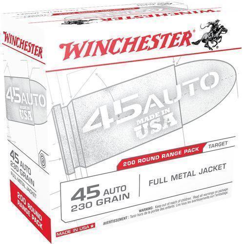 Winchester USA .45 ACP 230 Grain FMJ Brass Case Centerfire Pistol Ammo 200 Rounds Box USA45W