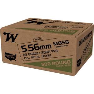 Winchester 5.56x45mm NATO 62 grain Green Tipped Full Metal Jacket Brass Cased Centerfire Rifle Ammo 500 Rounds WM855500 223/5.56