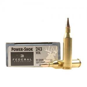 Federal Premium Power-Shok .243 Winchester 80 Grain Jacketed Soft Point Centerfire Rifle Ammo 20 Rounds 243AS