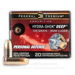 Federal Premium Personal Defense 9mm Luger 135 Grain Hydra-Shok Deep Nickel-Plated Brass Case Centerfire Pistol Ammunition 20 Rounds P9HSD1