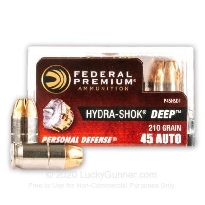 Federal Premium Personal Defense Hydra-Shok Deep 45 Auto 210 Grain Jacketed Hollow Point Centerfire Pistol Ammunition 20 Rounds P45HSD1 45 ACP