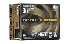 Federal Premium Personal Defense HST 9mm Luger +P 124 Grain Jacketed Hollow Point Nickel-Plated Cased Centerfire Pistol Ammunition 20 Rounds P9HST3S