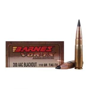 Barnes VOR-TX Ammunition 300 AAC Blackout 110 Grain TAC-TX Polymer Tipped Spitzer Flat Base Lead-Free Box of 20 300 BLK