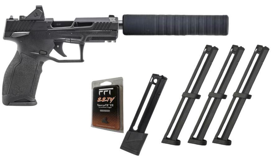 Taurus TX22 Gen 2 4.6" Barrel, 5x Magazines, Green Dot, Black, Pistol, + Suppressor + Freedom Finger 22 LR