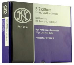 FN SS195LF Ammunition 5.7x28mm FN 27 Grain Jacketed Hollow Point Lead-Free Case of 2000 (40 Boxes of 50)