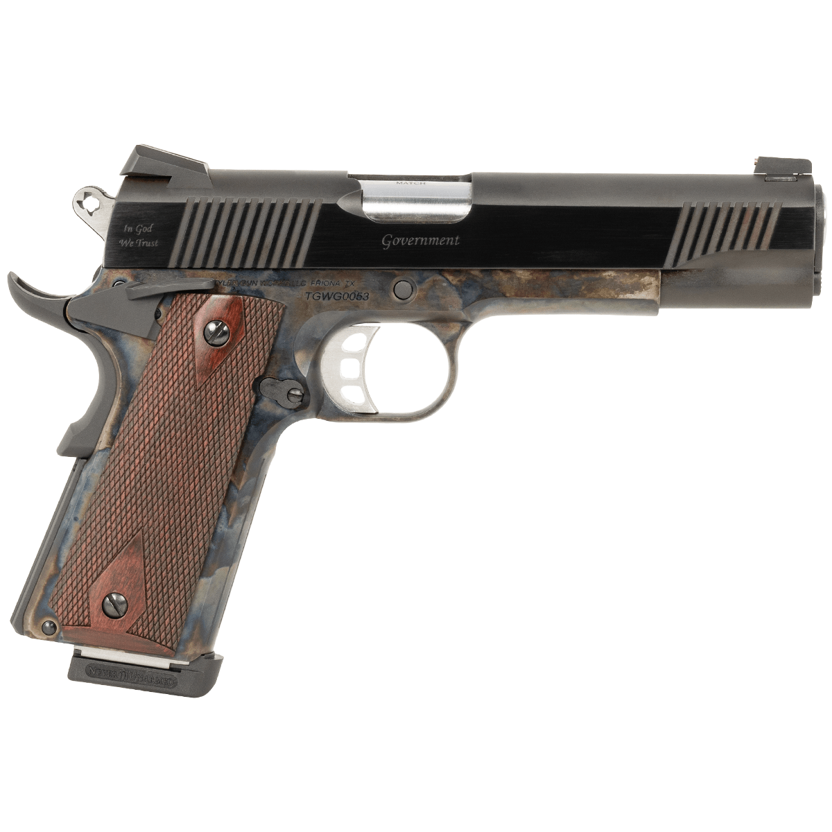Tyler Gun Works 1911 Govt Blue/Black Wood Grips Adjustable Sights 45 ACP