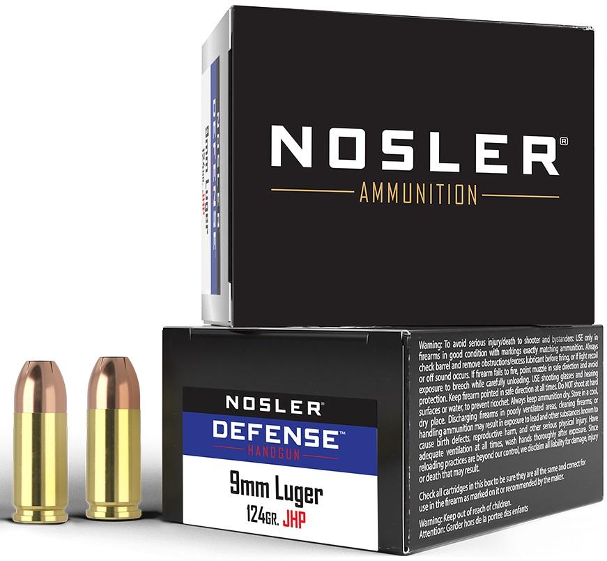 Nosler Defence 9mm +P 124 Grain Bonded Jacketed Hollow Point Brass Cased Cased Pistol Ammo 20 Rounds