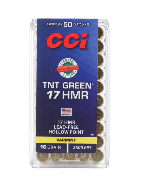 CCI Ammunition .17 HMR 16 Grain Speer TNT Green Hollow Point Lead-Free 500 Rounds