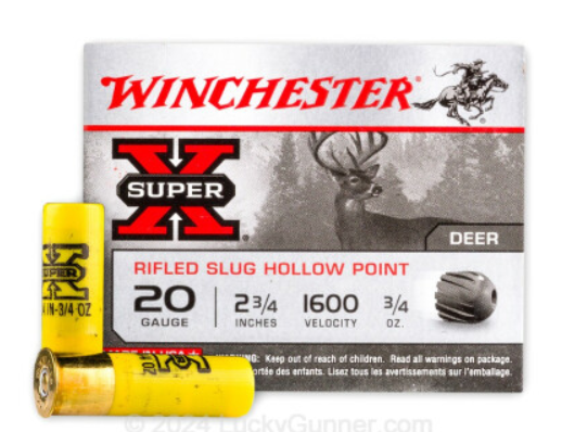 Winchester Super-X Ammo HP Rifled Slug Hollow Point 20 Gauge 2-3/4" 3/4 Oz 1600 fps 250/Case