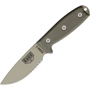 ESEE Knives 3SMDT Model 3 Part Serrated Fixed Blade Knife with OD Green Canvas Micarta Modified Rounded Pommel Handles