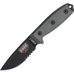ESEE Knives 3SBMB Model 3 Part Serrated Fixed Blade Knife with Black Linen Micarta Nylon Molle Sheath Handles