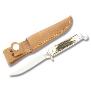 Rough Rider Small Skinner Genuine Stag Handle 440A Stainless Steel Blade Leather Sheath