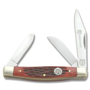 Rough Rider Small Stockman 3.25" with Red Jigged Bone Handle and 440A Stainless Steel Plain Edge Blades Model RR291