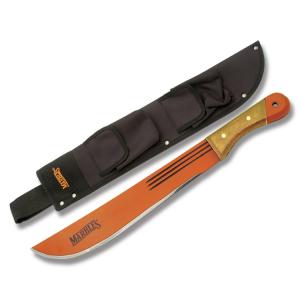 Marbles Scouting Jungle Machete with Wooden Handle and Fire Hardened Orange Coated Carbon Steel 13.75" Plain Edge Blade Model MA12714