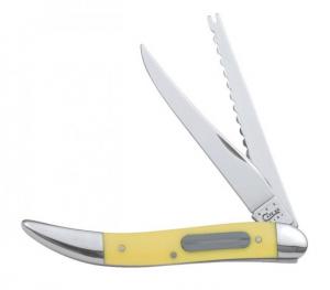 Case 320094F SS Yellow Synthetic Fishing Knife Long Clip Blade with Hook Disgorger, Fishhook Sharpening Stone, Folding Knife, Yellow Synthetic Handle 00120