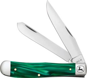 Case John Deere Trapper Kirinite Folding Knife, Mirror finish stainless clip and spey blades, Green smooth Kirinite handle, 15772