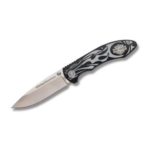 Tec X Harley-Davidson Silver Flames Linerlock with Glass Reinforced Handles and 440 Stainless Steel Drop Point Plain Edge Blade Model 52116