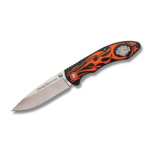 Tec X Harley-Davidson Orange Flames Linerlock with Glass Reinforced Handles and 440 Stainless Steel Drop Point Plain Edge Blade Model 52119