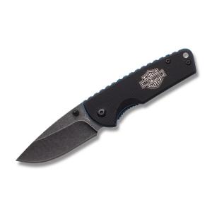 Tec X Harley Davidson TJ-1 Linerlock with Black G-10 Handles and Black Coated 440 Stainless Steel Drop Point Plain Edge Blades Model 52161