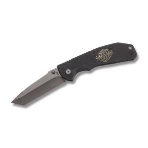 Tec X Harley-Davidson AO-1 Linerlock with Black G-10 Handles Assisted Opening Black Coated 440 Stainless Steel 2.625" Tanto Plain Edge Blades Model 52181