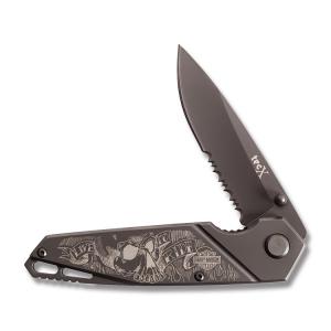 Tec X Harley Davidson TS1-T Linerlock with Titanium Coated Stainless Steel Handles and 440 Grade Stainless Steel 3.125" Spear Point Partially Serrated Edge Blades Model 52190