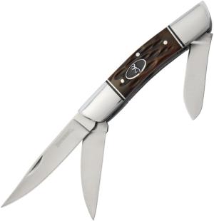 Browning Three Blade Folder Folding Knife, Satin SS Clip, Wharncliffe, Spey Blades, Brown Jigged Bone Handle, SS Bolster, Inlay Shield, Brown, 3220159