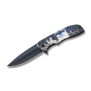 Frost Cutlery Wolves Linerlock with Black Aluminum Handle and Assisted Opening Black Coated Stainless Steel 3.50" Spear Point Plain Edge Blades Model FC-28WOLF