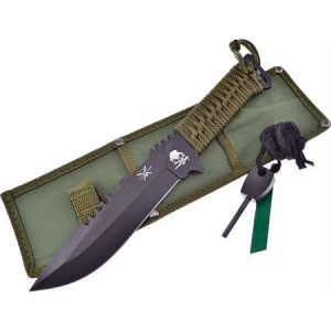 Frost Cutlery & Knives TX3801B Fixed Black Finish Blade Knife with OD Green Cord Wrapped Handle