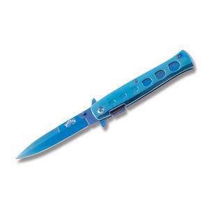 Frost Cutlery Italian Stiletto Linerlock with Blue Coated Stainless Steel Handles and Assisted Opening Blue Titanium Finish Stainless Steel 3.875" Dagger Plain Edge Blades Model IS-002BL