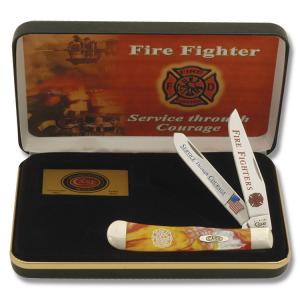 Case "Service Through Courage" Firefighter Commemorative Trapper 4.125" with Red and Yellow Swirl Corelon Handles and Tru-Sharp Surgical Steel Plain Edge Blades Model CAT-FF