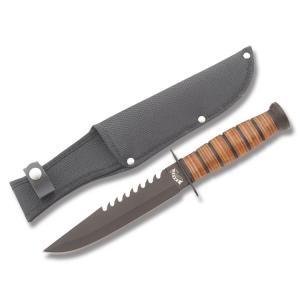 Frost Cutlery Marine Commander with Stacked Leather Handles and Black Finish Stainless Steel 7" Clip Point Plain Edge Blades and Black Nylon Belt Sheath Model 18-109B