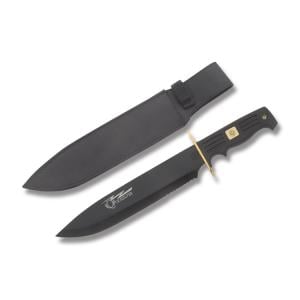 Frost Cutlery Quicksilver Bowie with Black Rubber Handles and Black Coated Stainless Steel 10.25" Spear Point Plain Edge Blades Model QS-578RUB/B