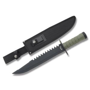 Frost Cutlery Scout II Survival Knife with OD Green Cast Metal Handles and Black Coated Stainless Steel 11.125" Clip Point Plain Edge Blades Model TDH253-160C