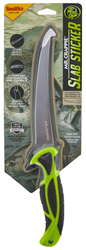 Smiths Products Mr. Crappie Curved Slab Sticker Fixed Blade Knife Green - 6" Plain Fillet Blade