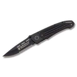 Smith & Wesson Homeland Security Linerlock with Black Aluminum Handle and Black Coated 7Cr17 Stainless Steel 3.375" Drop Point Partially Serrated Edge Blade Model SW480BS