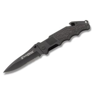 Smith & Wesson Border Guard Rescue Linerlock with Black Coated Aluminum Handle and Black Coated 4.439" Drop Point Partially Serrated Edge Blade Model SWBG1S