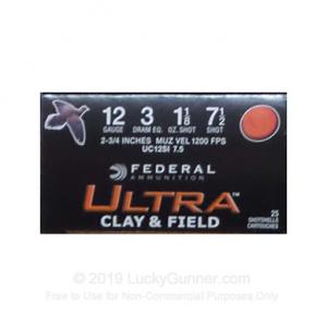 12 Gauge - 2 3/4" 1-1/8 oz #7.5 Lead Shot  - Federal Ultra Clay & Field - 25 Rounds