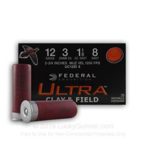 12 ga - 2-3/4" Lead Shot Target Load - 1-1/8 oz - #8 - Federal Ultra Clay & Field - 25 Rounds