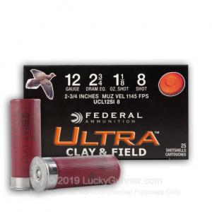 12 ga - 2-3/4" - 1-1/8 oz - #8 Lead Shot - Federal Ultra Clay & Field - 25 Rounds