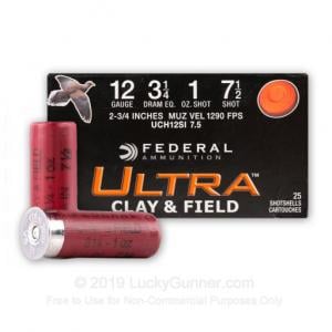 12 Gauge - 2-3/4" 1 oz #7.5 Lead Shot - Federal Ultra Clay & Field - 25 Rounds