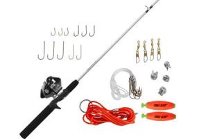 Zebco 202 ZeeBee Spincast Reel and Rod Combo 5ft 6in Rod Med-Light Mod-Fast SZ 30 Reel RH Retrieve 29-PC Eagle Claw Tackle Kit Silver/Black