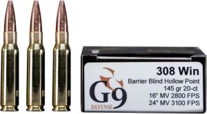 G9 Defense .308 Winchester 145 Grain Hollow Point Brass Cased Rifle Ammo, 20 Rounds, B-308-145A