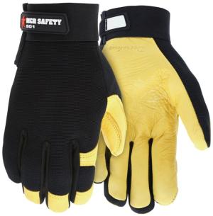 MCR Safety Mechanics Gloves, Supple Grain Deerskin Palm, Adjustable Hook and Loop Wrist Closure, Flexible and Breathable Spandex Back, Gold, Medium, 901M
