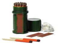 Firestarting Kit. Green. Waterproof Case. 12 Hurricane Matches. 3 Sweetfire Firestarters. 3 Strikers