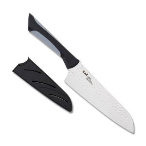 KAI Housewares Luna 7” Santoku Knife with Black Molded Resin and Gray Rubber Overlay Handle and High-Carbon High-Chromium Stainless Steel Hammered and Polished Finish 7” Plain Edge Sheepsfoot Blade Model SAB7064