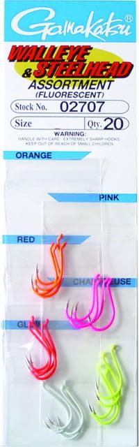 Gamakatsu 0 Fluorescent Walleye and Steelhead Hook Assortment, Forged, Octopus, Red/Pink/Orange/Chartreuse/Glow, Size 4, 20 per Pack, 2708